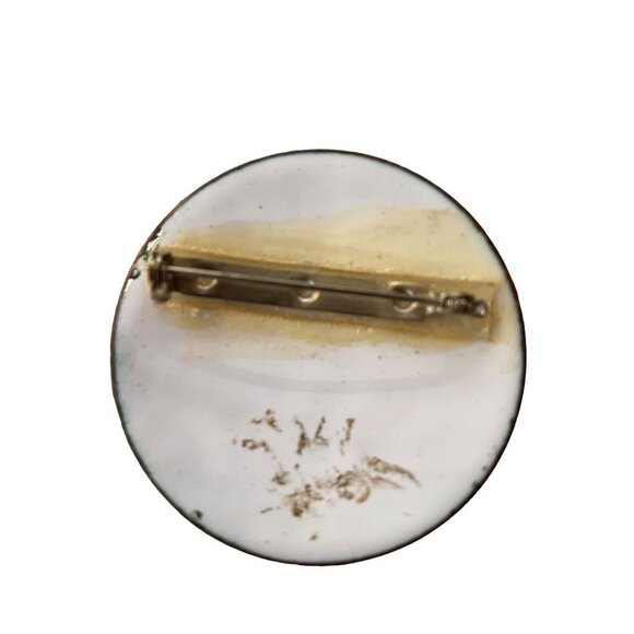 Vintage 1980s Porcelain Brooch Pin Mod Design Blue Green Glazed Copper Trim 2" D - Picture 8 of 12